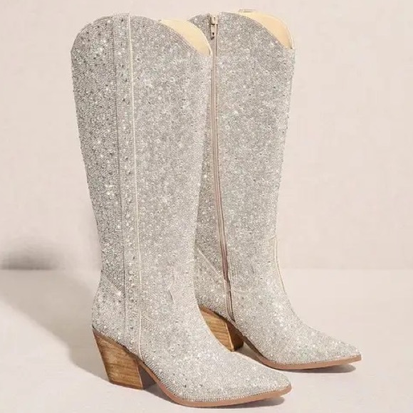 MIIM Nashville Silver Rhinestone Embellished Heeled Fashion Tall Cowboy Boots - Picture 2 of 7